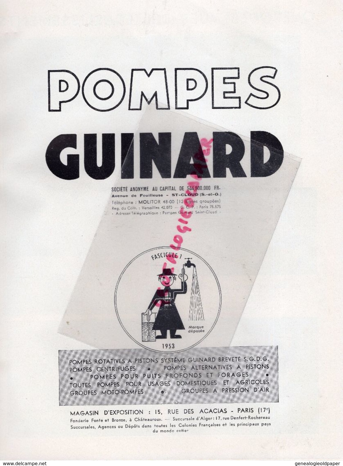 92-ST  SAINT CLOUD-SURESNES LONGCHAMP-RARE CATALOGUE ETS POMPES GUINARD-EAU SOUS PRESSION-PARIS-POMPIERS -1953 POMPE - Landbouw