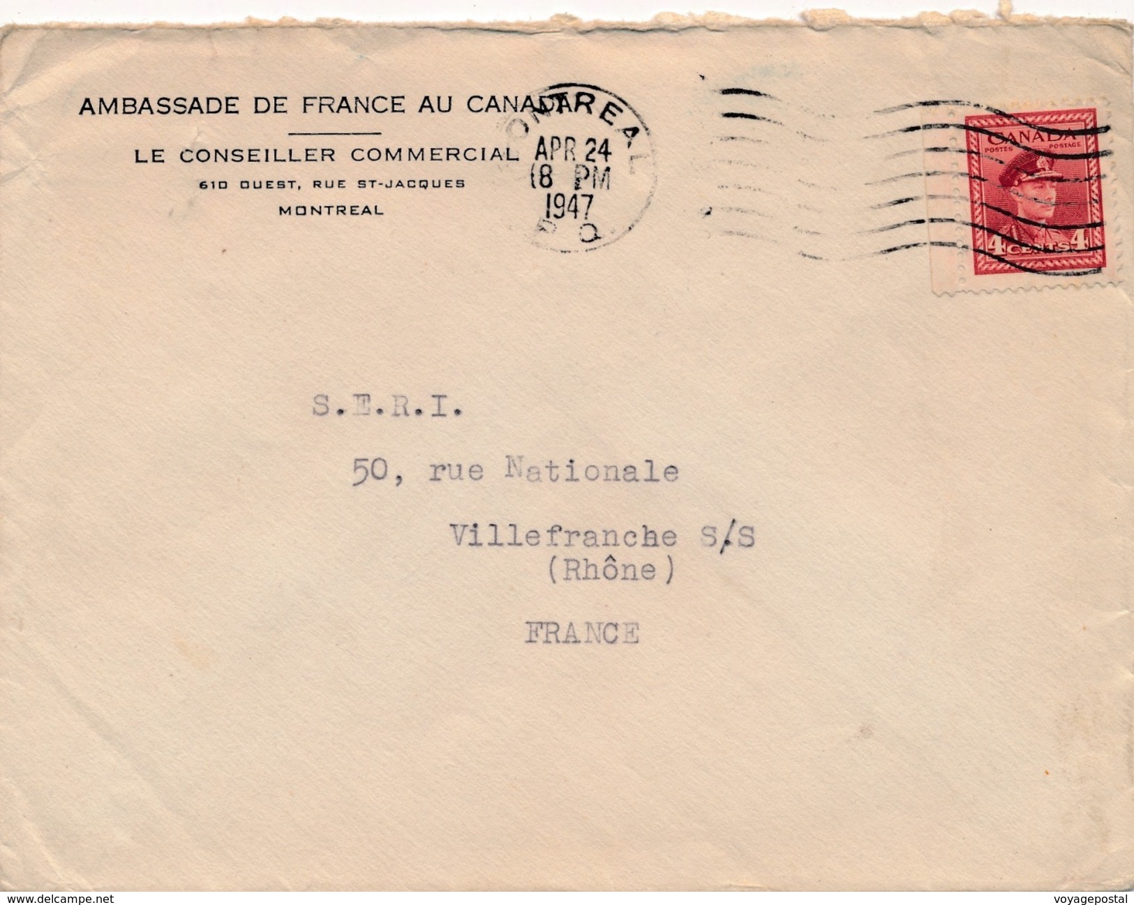 Lettre Ambassade De France Au Canada Montreal 4 Cents Pour La France - Cartas & Documentos