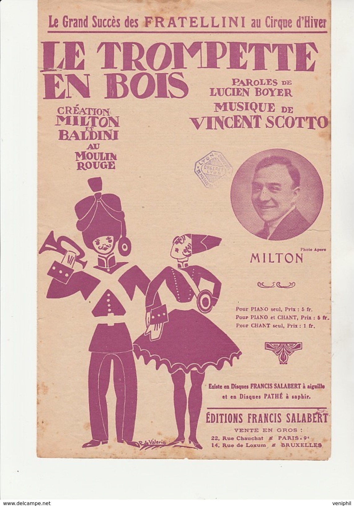 PARTITION DE 1924 -LA TROMPETTE EN BOIS  - MUSIQUE VINCENT SCOTTO - SUCCES DES FRATELLINI -CIRQUE D'HIVER - Scores & Partitions
