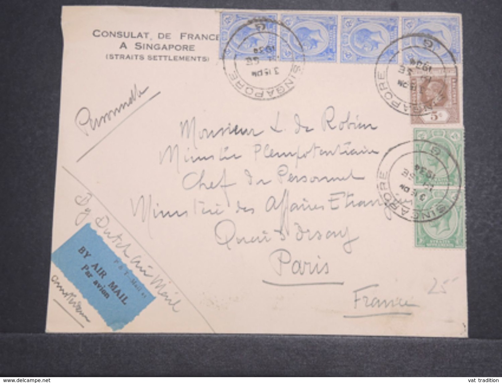 SINGAPOUR - Enveloppe Du Consulat De France Pour Paris En 1934 Par Avion - L 10344 - Singapore (...-1959)