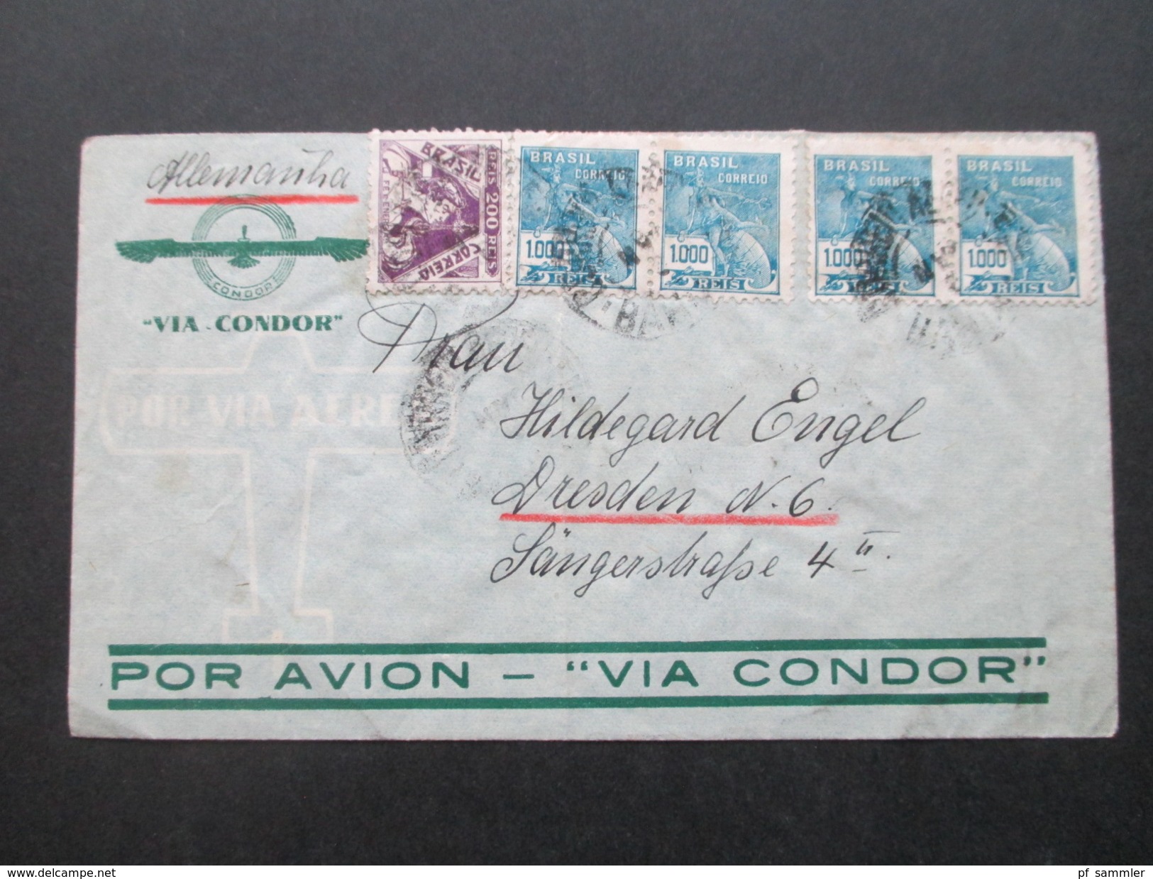 Brasilien 1937 Luftpost / Por Avion Via Condor. Nach Dresden. Über Frankreich. Le Bourget Port Aerien Seine - Cartas & Documentos