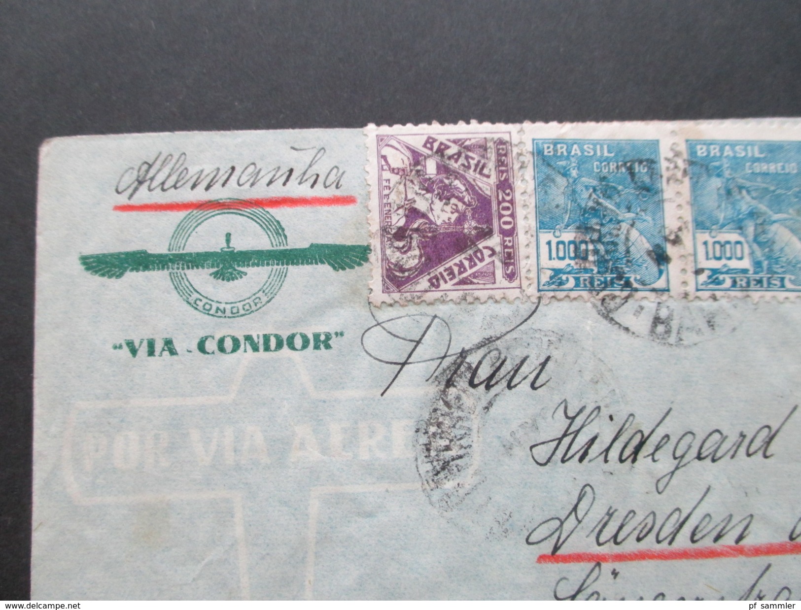 Brasilien 1937 Luftpost / Por Avion Via Condor. Nach Dresden. Über Frankreich. Le Bourget Port Aerien Seine - Cartas & Documentos