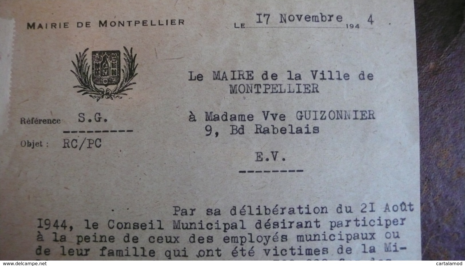 Aide Financière De La Mairie De Montpellier Août 1944 Aux Employés Municipaux Victimes De La Milice - Non Classés
