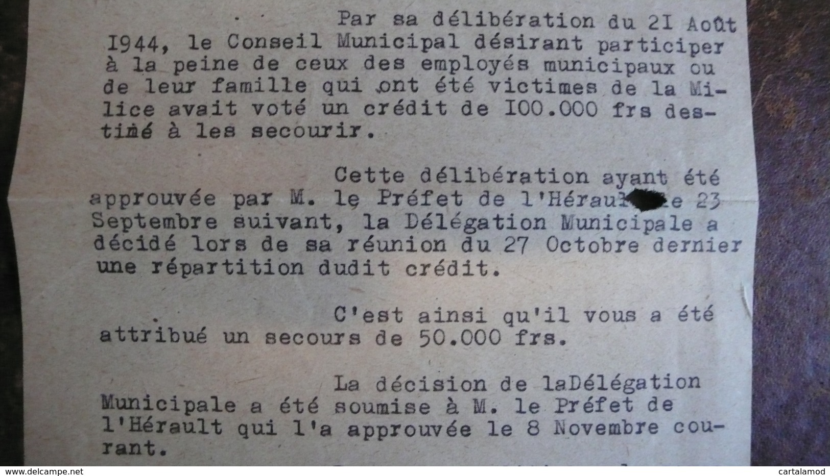 Aide Financière De La Mairie De Montpellier Août 1944 Aux Employés Municipaux Victimes De La Milice - Non Classés