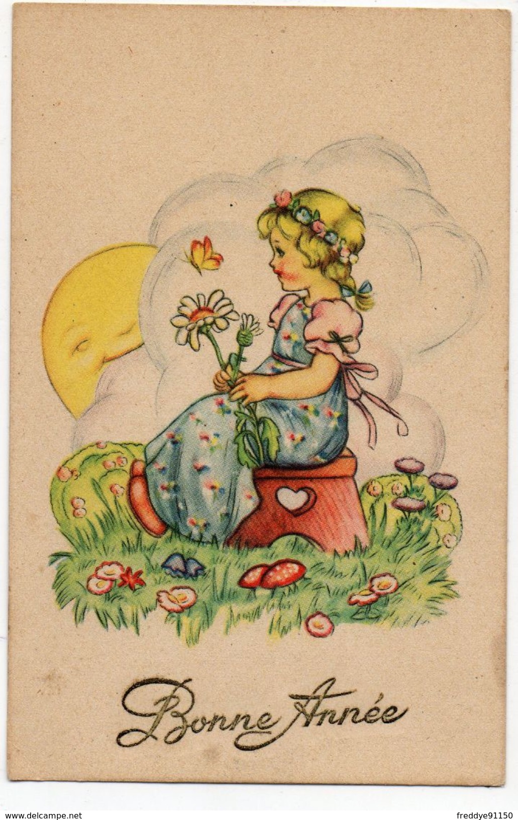 CPA FANTAISIE  ENFANT .FILLETTE . CHAMPIGNONS . BONNE ANNEE - Dessins D'enfants