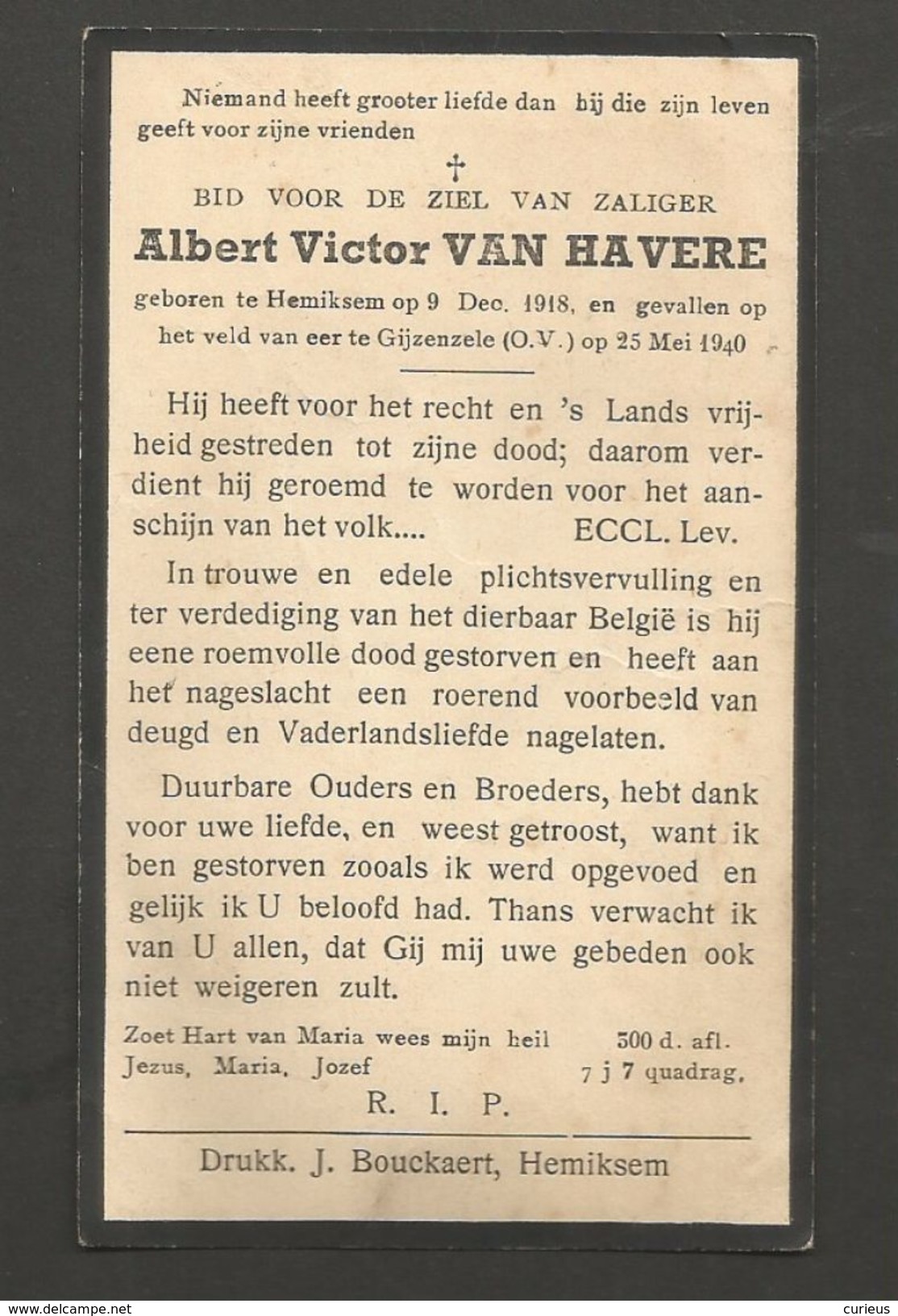 DOODSPRENTJE * ALBERT VAN HAVERE * SOLDAAT * GESNEUVELD GIJZENZELE 25/5/1940 * GEBOREN HEMIKSEM - Décès