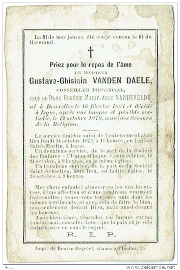 Doodsprentje/Image Mortuaire. Vanden Daele/Vandevelde, Conseiller Provincial. Bruxelles 1824/Isque 1872. - Imágenes Religiosas