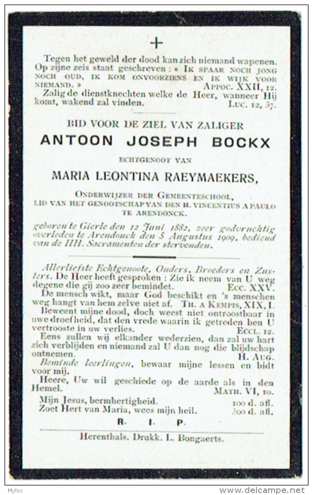 Doodsprentje/Image Mortuaire. Bockx/Raeymaekers. Gierle 1882/Arendonck 1909. - Images Religieuses