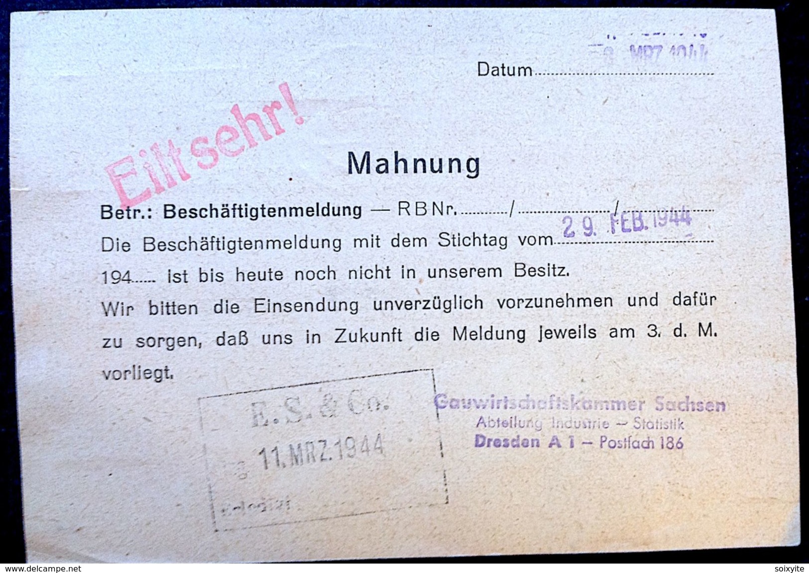 DR Bedarfs Freistempel Karte 1944 Gelaufen Dresden Nach Siegmar - Sonstige & Ohne Zuordnung