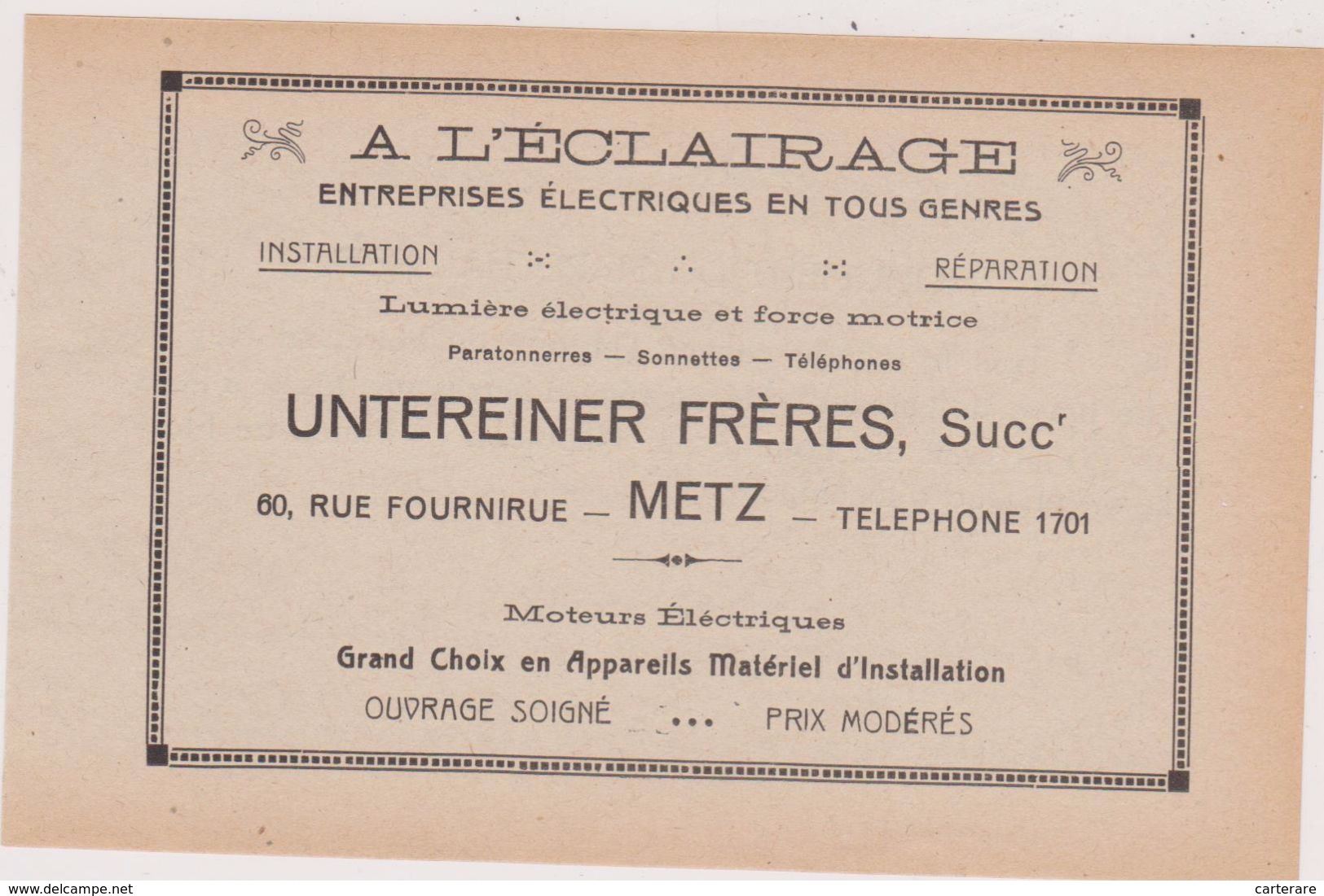 57,MOSELLE,METZ,EN 1911,PUBLICITE,PUB,A L'ECLAIRAGE,UNTEREINER FRERES,60 RUE FOURNIRUE,ELECTRICIEN - Publicités