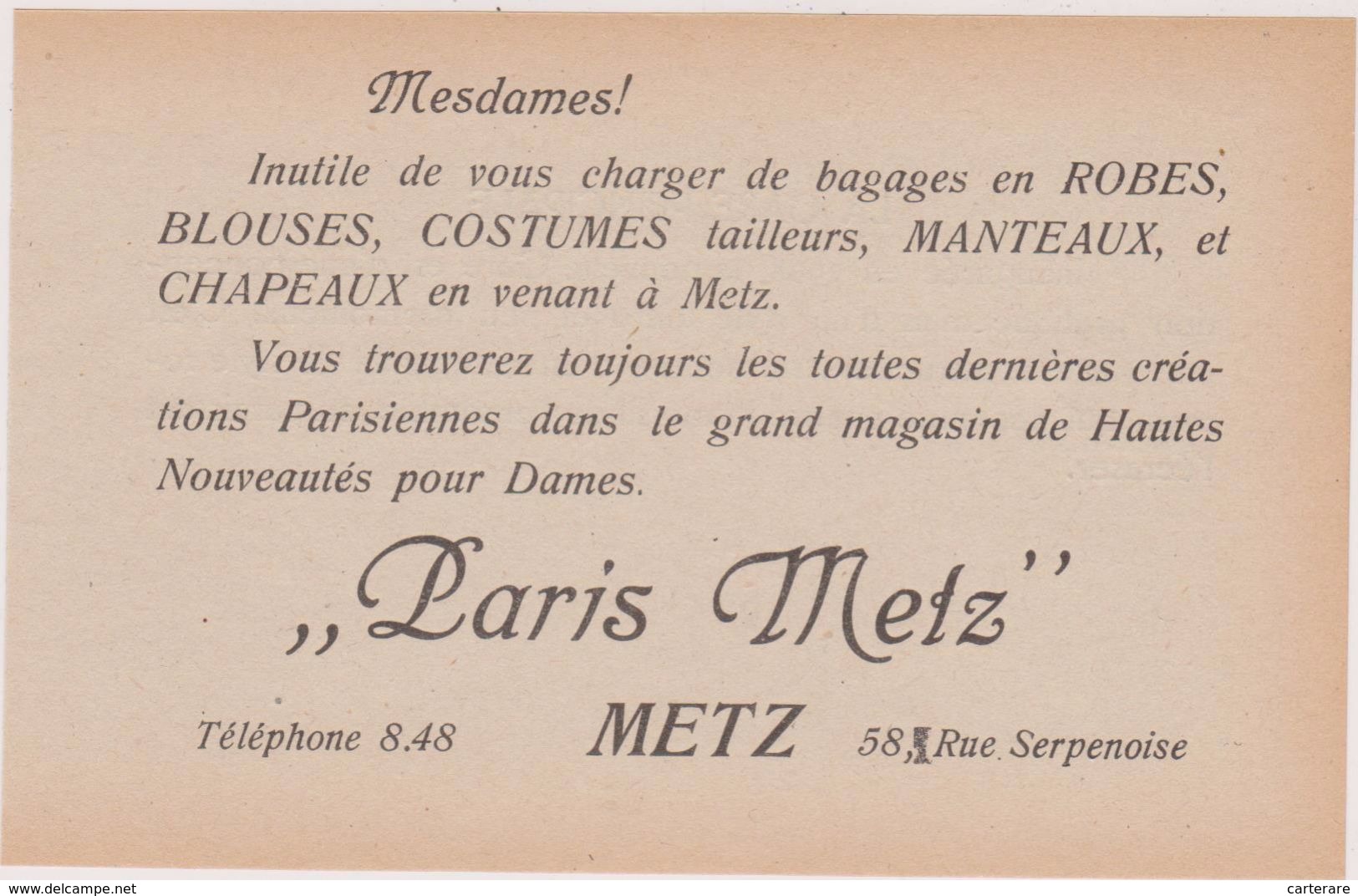 57,MOSELLE,METZ,EN 1911,PUBLICITE,PUB,CONFECTION,TAILLEUR,PARIS METZ,58 RUE SERPENOISE - Advertising