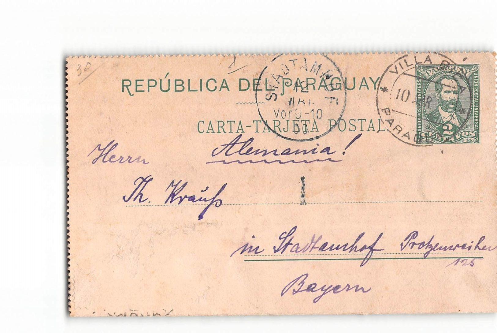 9778 01 POSTAL STATIONARY PARAGUAY VILLA RICA TO BAYERN - Paraguay