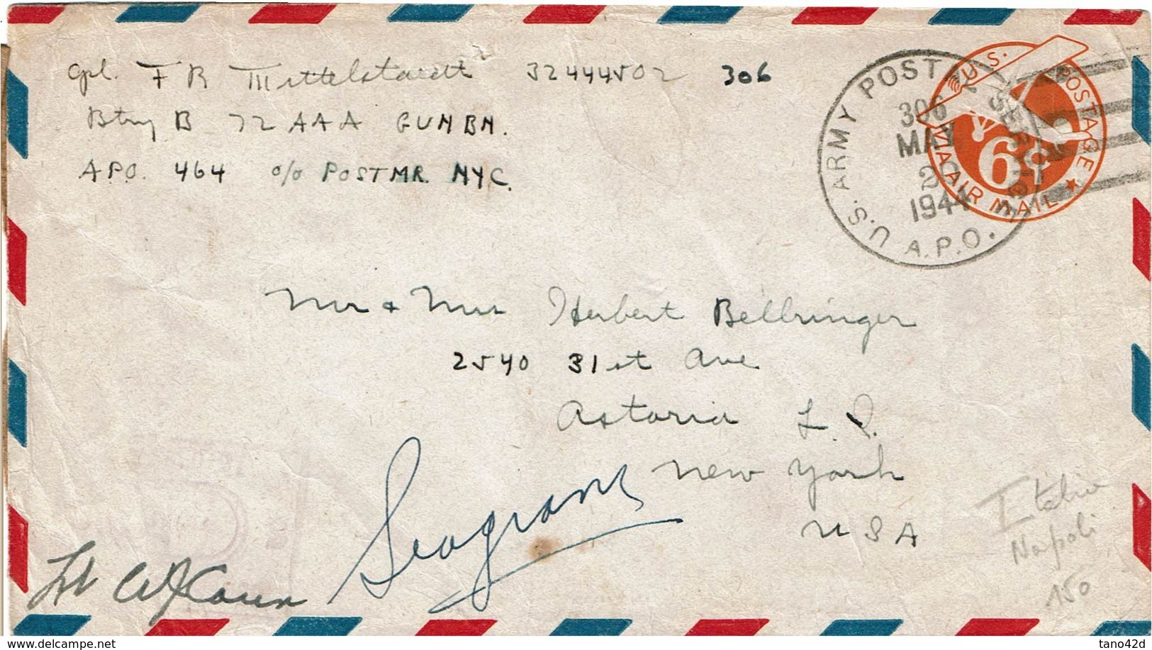 IIGM ENVELOPPE USA 6c APO N° 306 NAPLES ITALIE 20/5/1944 - Guerre Mondiale (Seconde)
