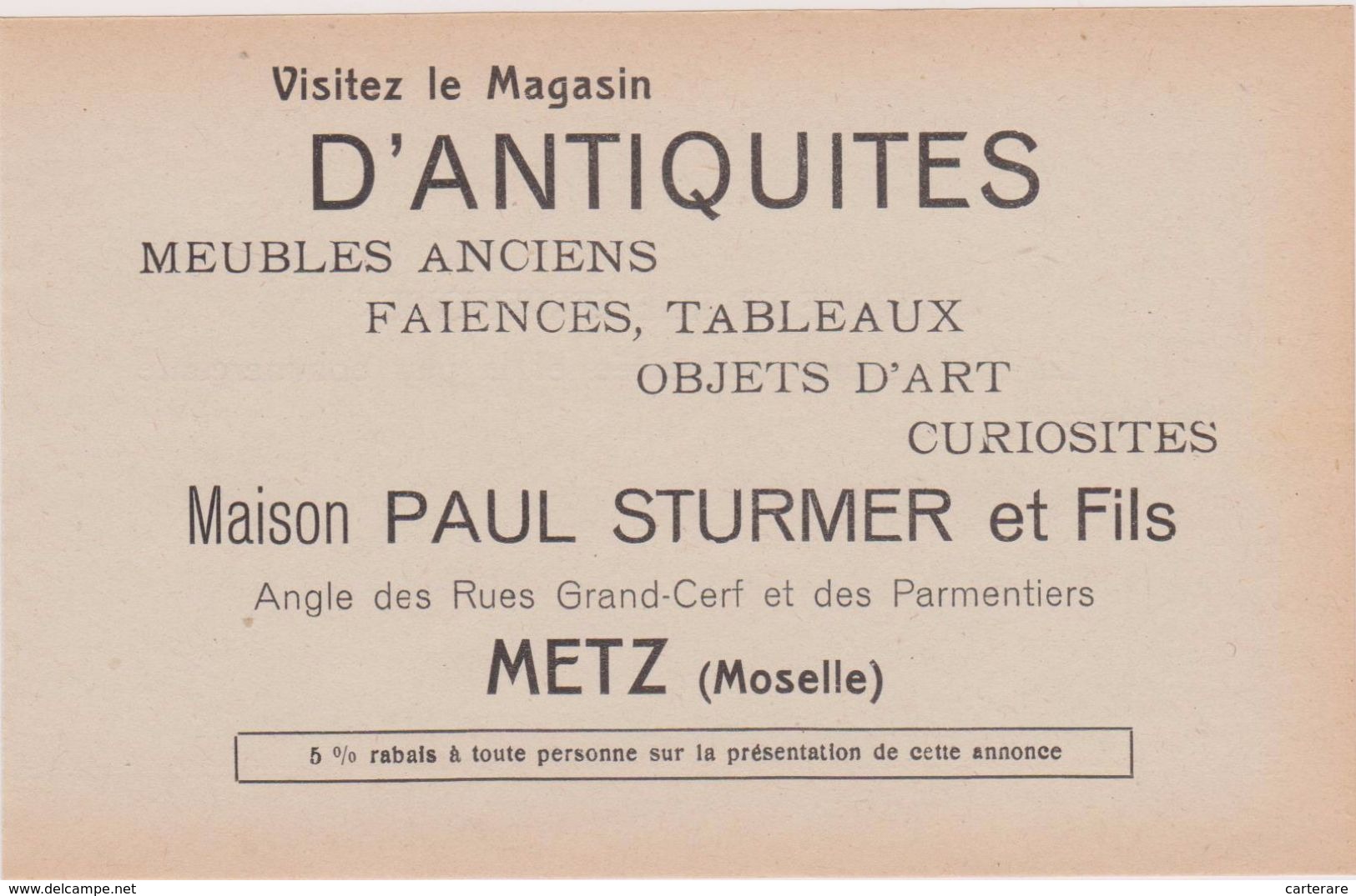 57,MOSELLE,METZ,1911,PUBLICITE,PUB,MAGASIN ANTIQUITES,MAISON PAUL STURMER ET FILS,ANGLE DES RUES GRAND CERF PARMENTIERS - Advertising