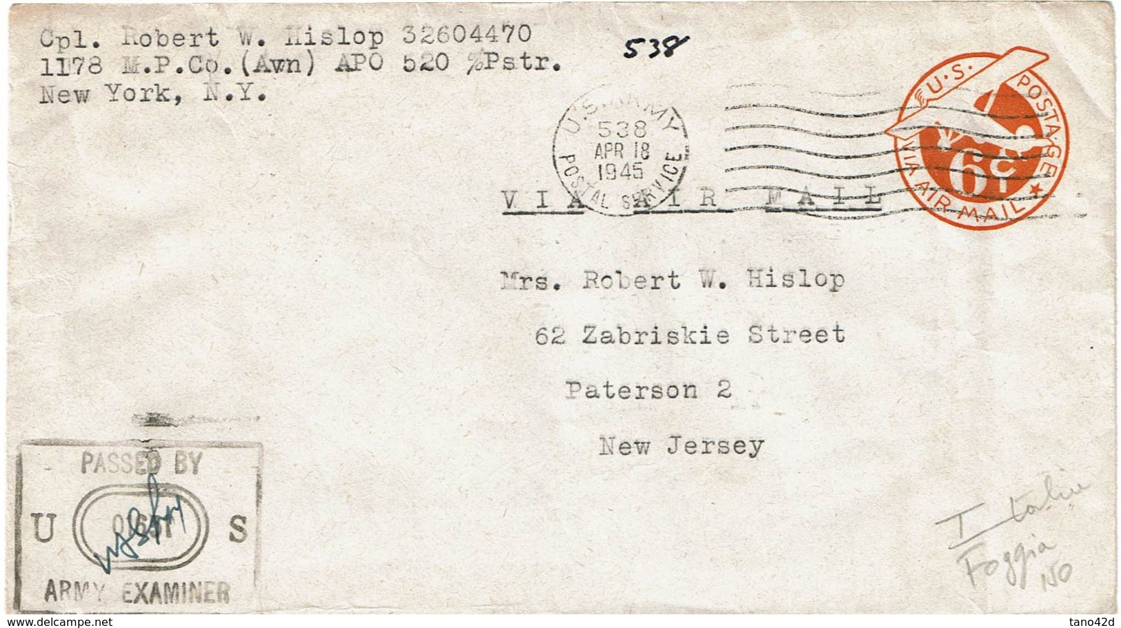 IIGM ENVELOPPE USA 6c APO N° 538 FOGGIA ITALIE 18/4/1945 - Guerre Mondiale (Seconde)