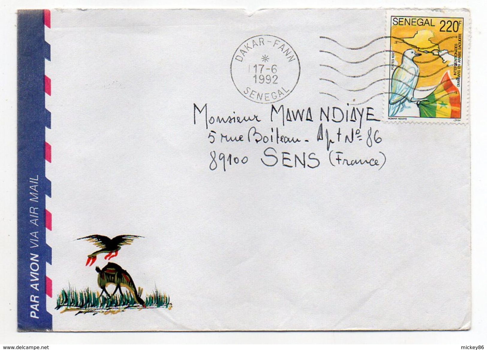 SENEGAL--1992--Lettre De DAKAR-FAAN  Pour SENS-89-   Tp Seul Sur Lettre--cachet - Sénégal (1960-...)