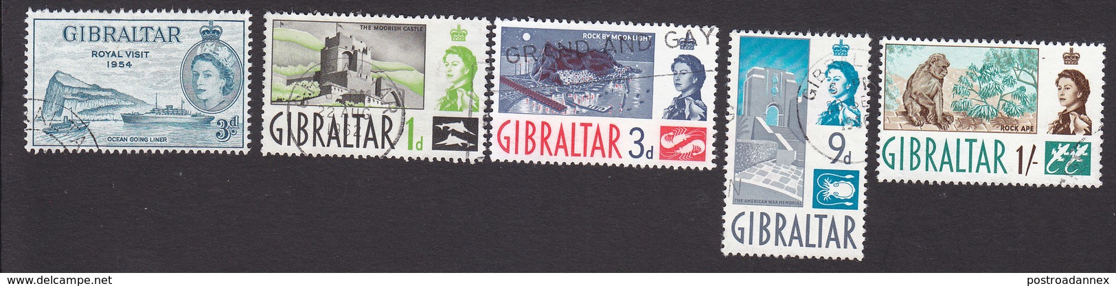 Gibraltar, Scott #146, 148, 151, 155-156, Used, Royal Visit, Scenes Of Gibraltar, Issued 1954, 60 - Gibraltar