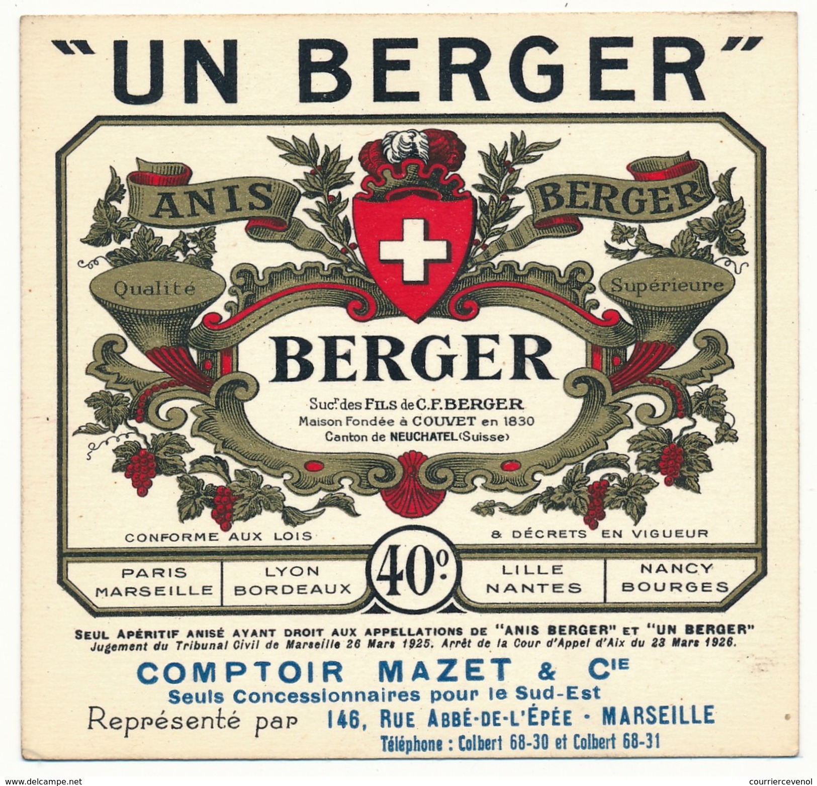 MARSEILLE - Carte Commerciale "Un Berger" (Apéritif Anisé) Représentant Comptoir Mazet à Marseille - Cartes De Visite