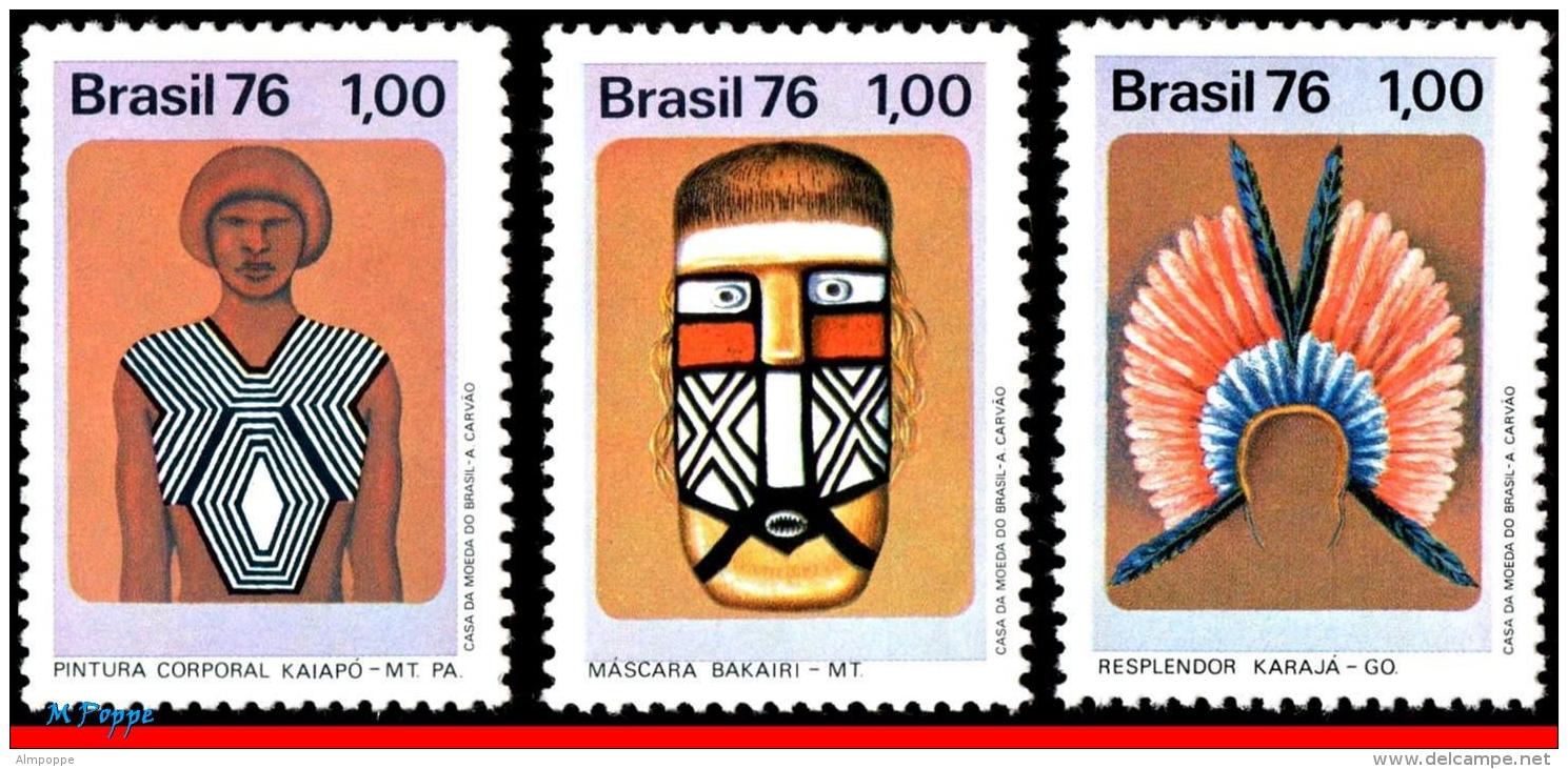 Ref. BR-1429-31 BRAZIL 1976 ART, PRESERVATION INDIGENOUS, CULTURE, PAINTING, MASK, MI# 1525-27,MNH 3V Sc# 1429-1431 - Neufs