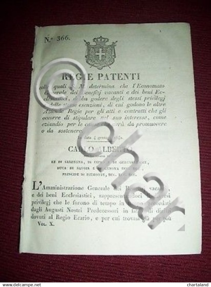 Regno Sardegna Torino Regie Patenti Esenzioni Economato Generale 1842 - Non Classificati