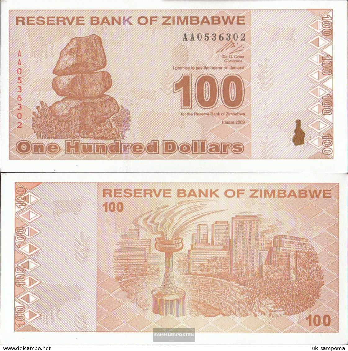 Zimbabwe Pick-number: 97 Uncirculated 2009 100 US Dollars - Zimbabwe