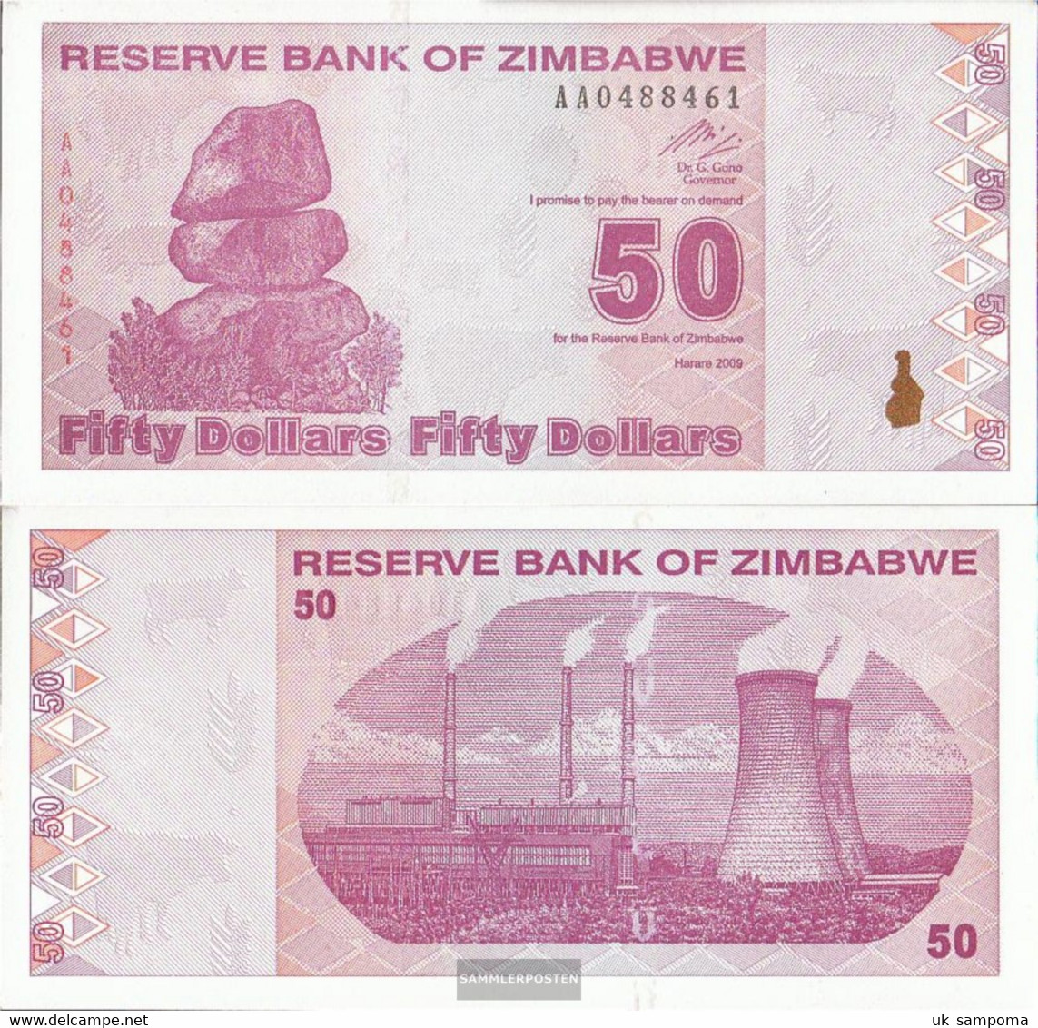 Zimbabwe Pick-number: 96 Uncirculated 2009 50 US Dollars - Zimbabwe