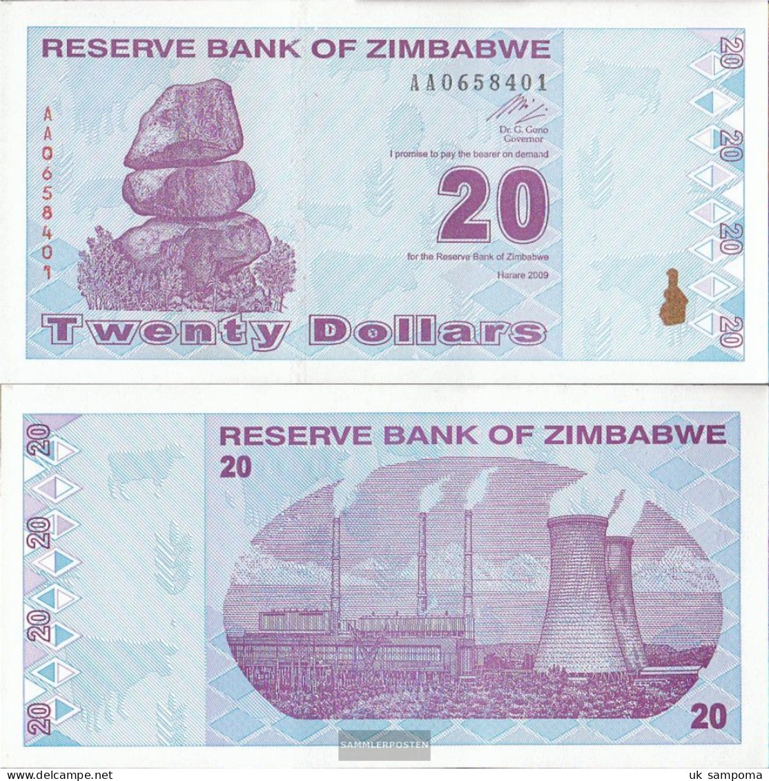 Zimbabwe Pick-number: 95 Uncirculated 2009 20 US Dollars - Zimbabwe