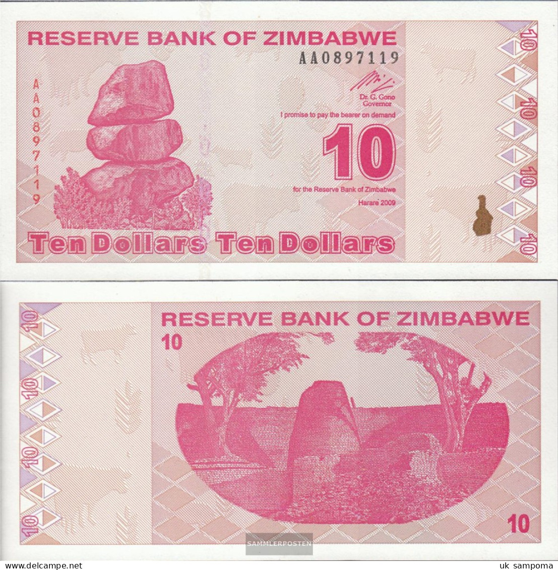 Zimbabwe Pick-number: 94 Uncirculated 2009 10 Dollars - Zimbabwe