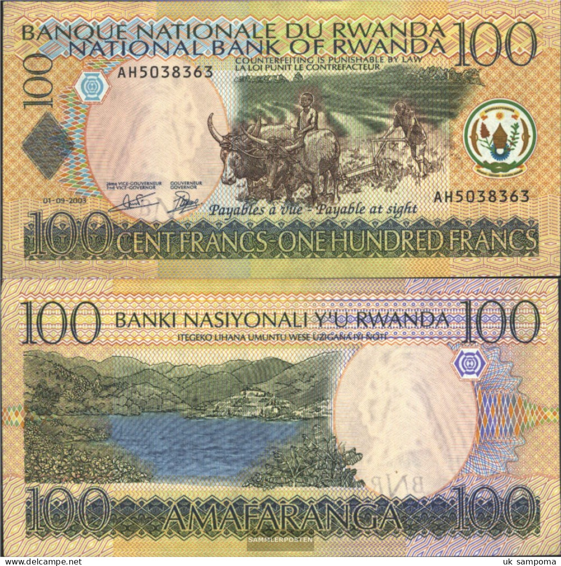 Rwanda Pick-number: 29b Uncirculated 2003 100 Francs Cattle - Rwanda