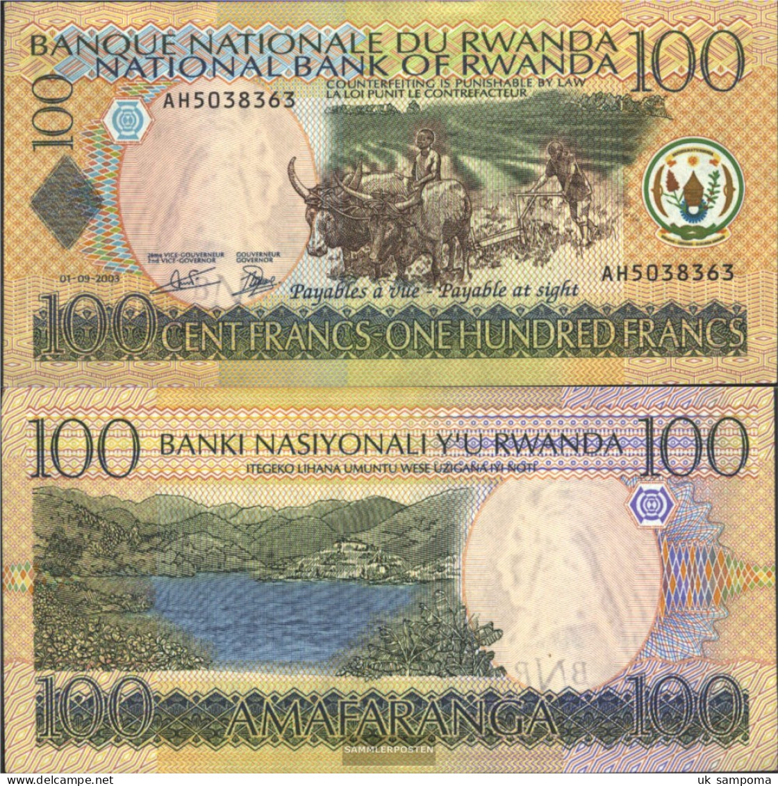 Rwanda Pick-number: 29b Uncirculated 2003 100 Francs Cattle - Ruanda