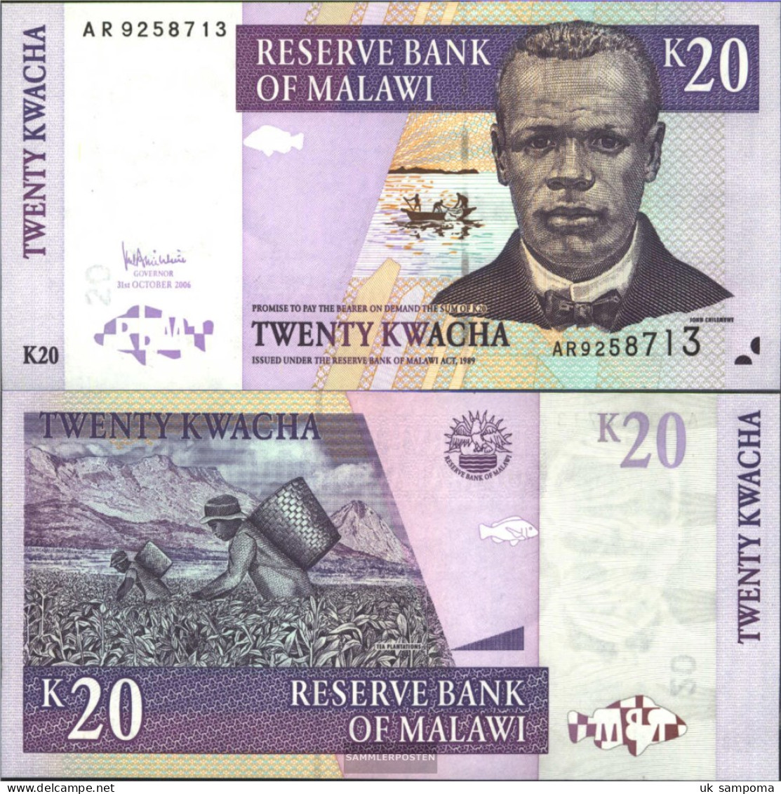 Malawi Pick-number: 52b Uncirculated 2006 20 Kwacha - Malawi