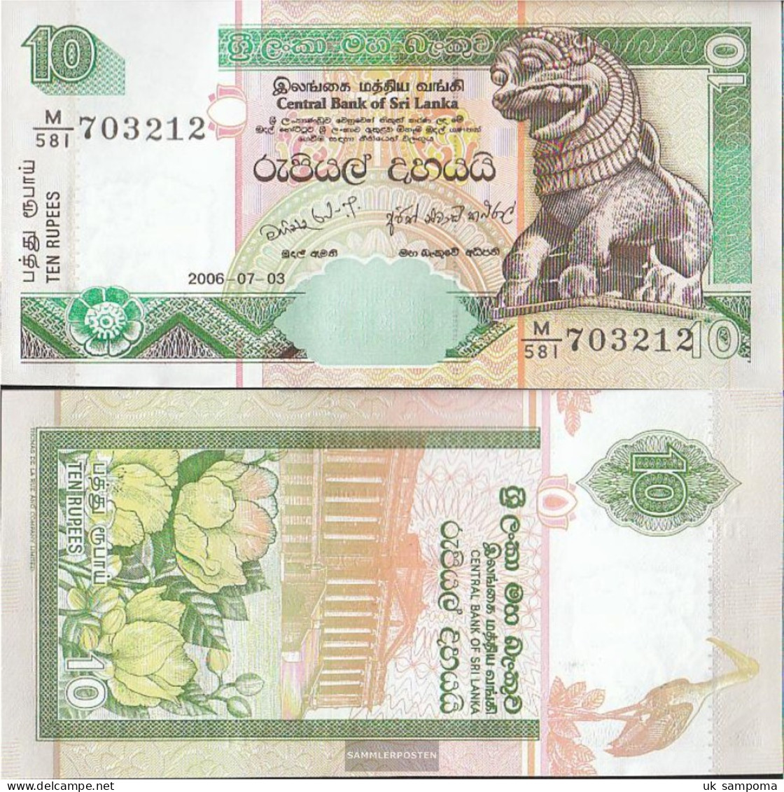 Sri Lanka Pick-number: 108f Uncirculated 2006 10 Rupees - Sri Lanka