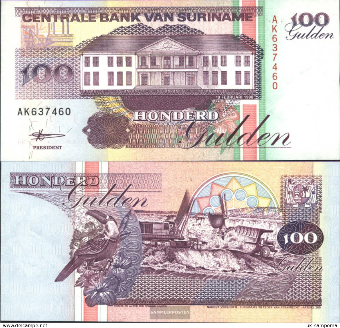 Suriname Pick-number: 139b Uncirculated 1998 100 Gulden - Suriname