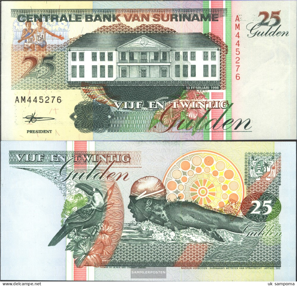 Suriname Pick-number: 138d Uncirculated 1998 25 Gulden - Suriname