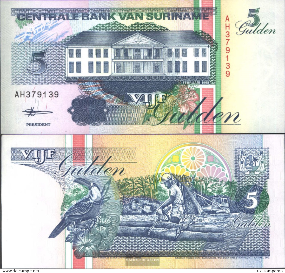 Suriname Pick-number: 136b (1998) Uncirculated 1998 5 Gulden - Surinam