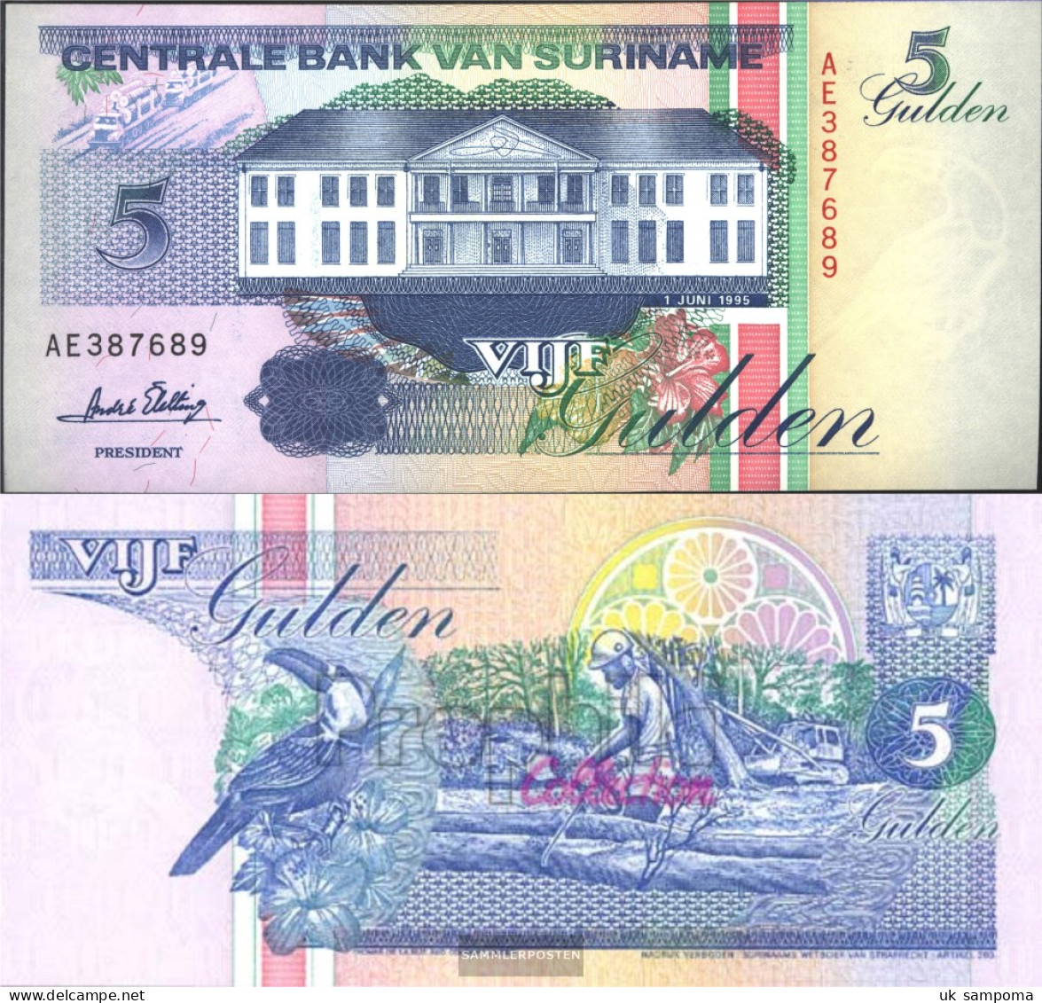 Suriname Pick-number: 136b (1996) Uncirculated 1996 5 Gulden - Suriname