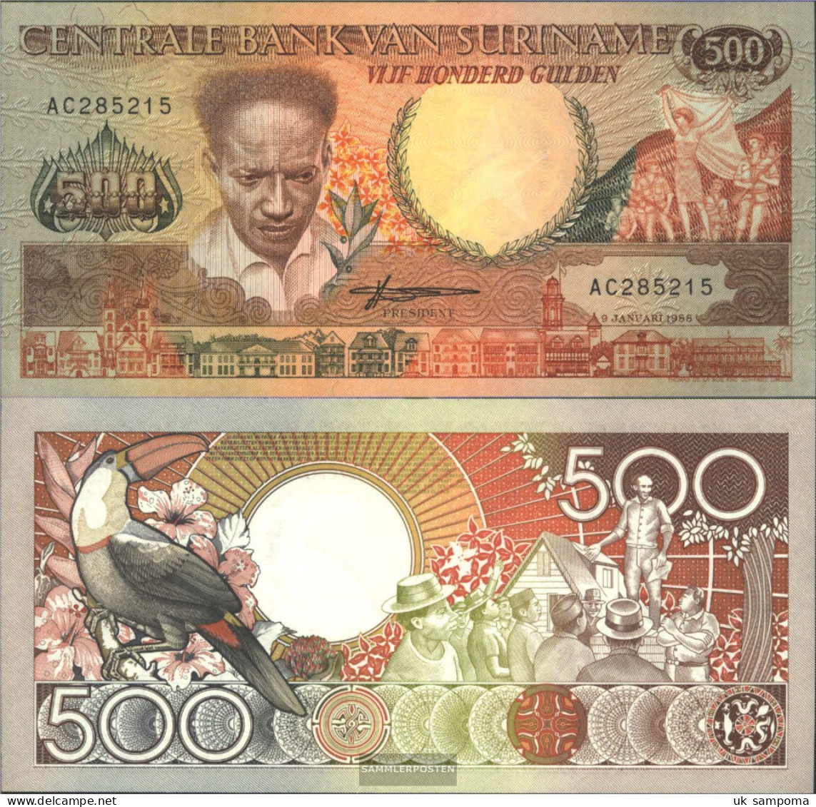 Suriname Pick-number: 135b Uncirculated 1988 500 Gulden - Surinam