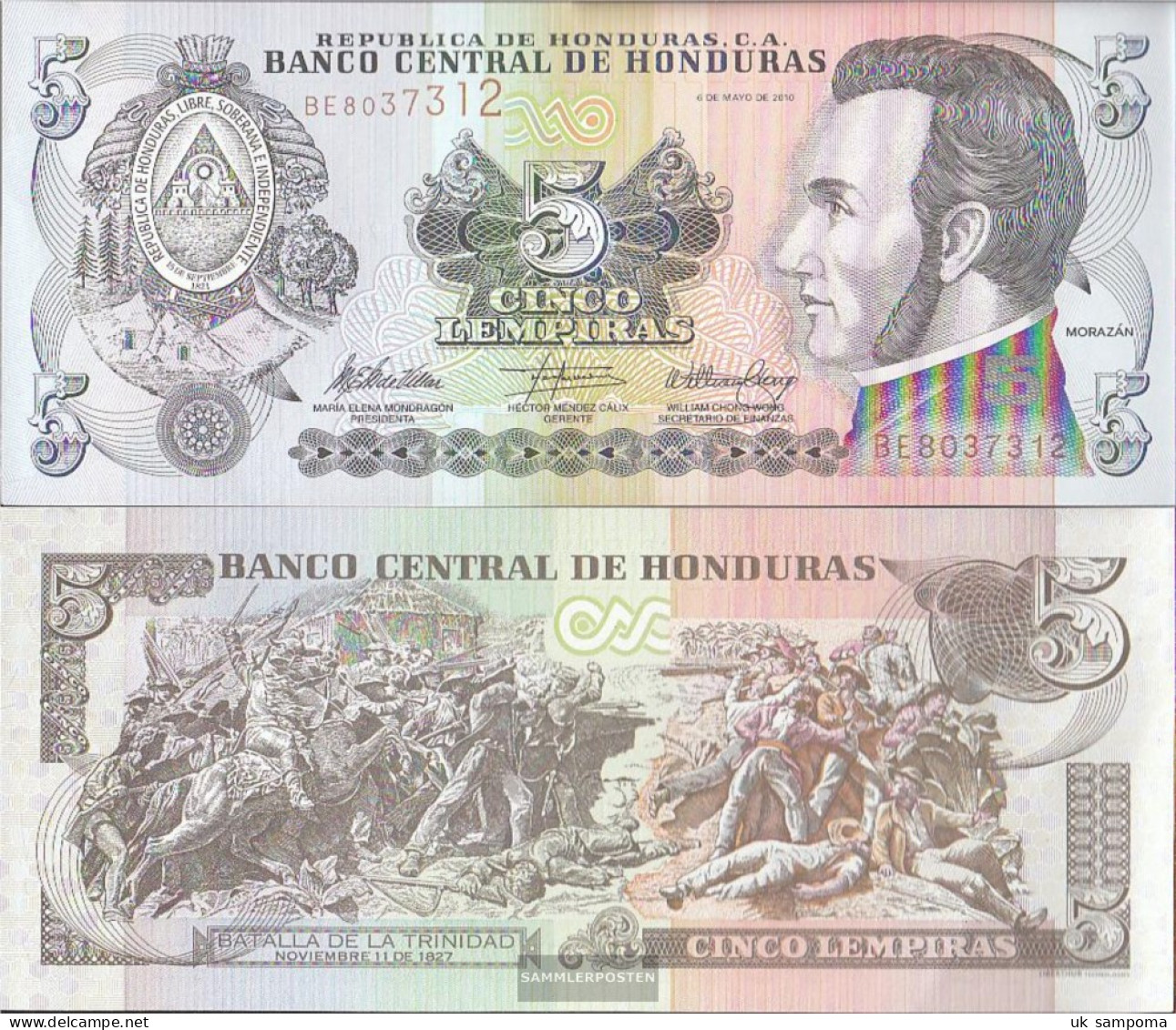 Honduras Pick-number: 91c Uncirculated 2010 5 Lempiras - Honduras