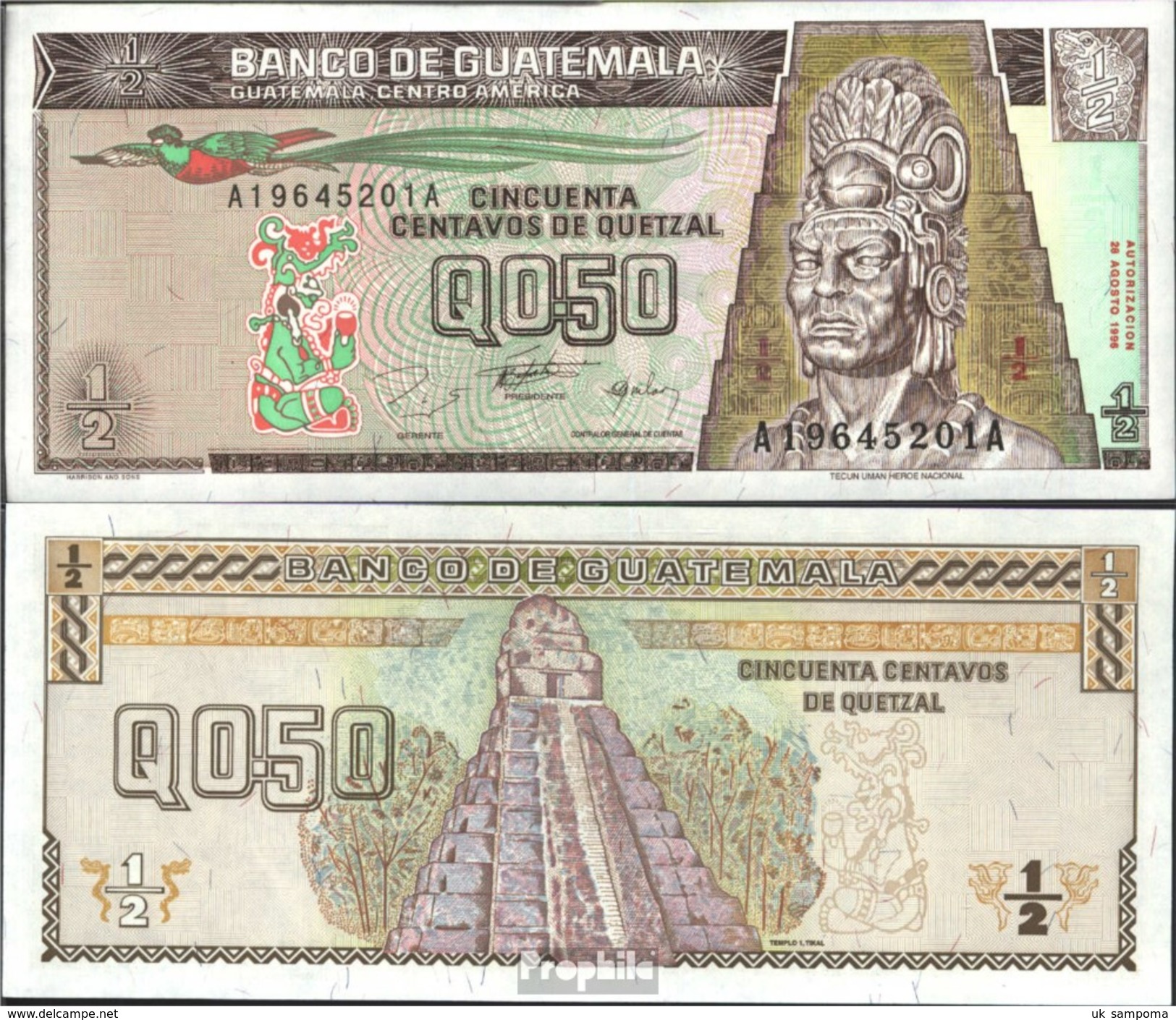 Guatemala Pick-number: 96a Uncirculated 1996 1/2 Quetzal - Guatemala