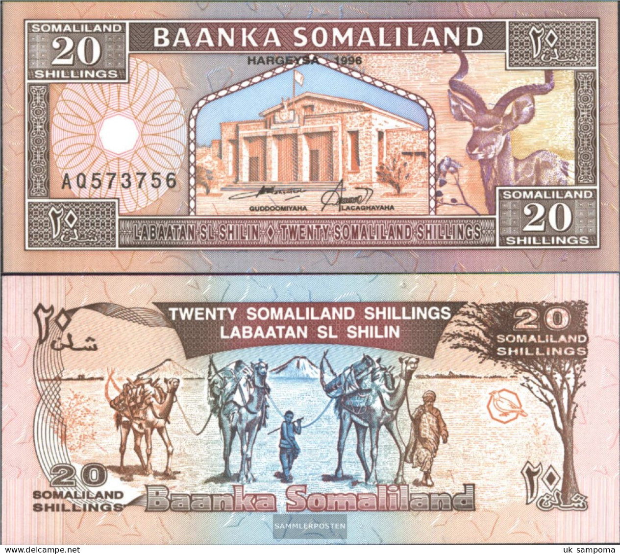 Somaliland Pick-number: 3b Uncirculated 1996 20 Shillings Springbock - Somalie