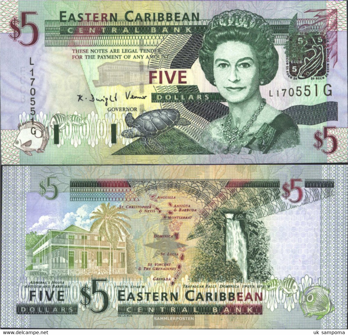 United Caribbean States Pick-number: 42g, Suffix Letter G Uncirculated 2003 5 Dollars - East Carribeans