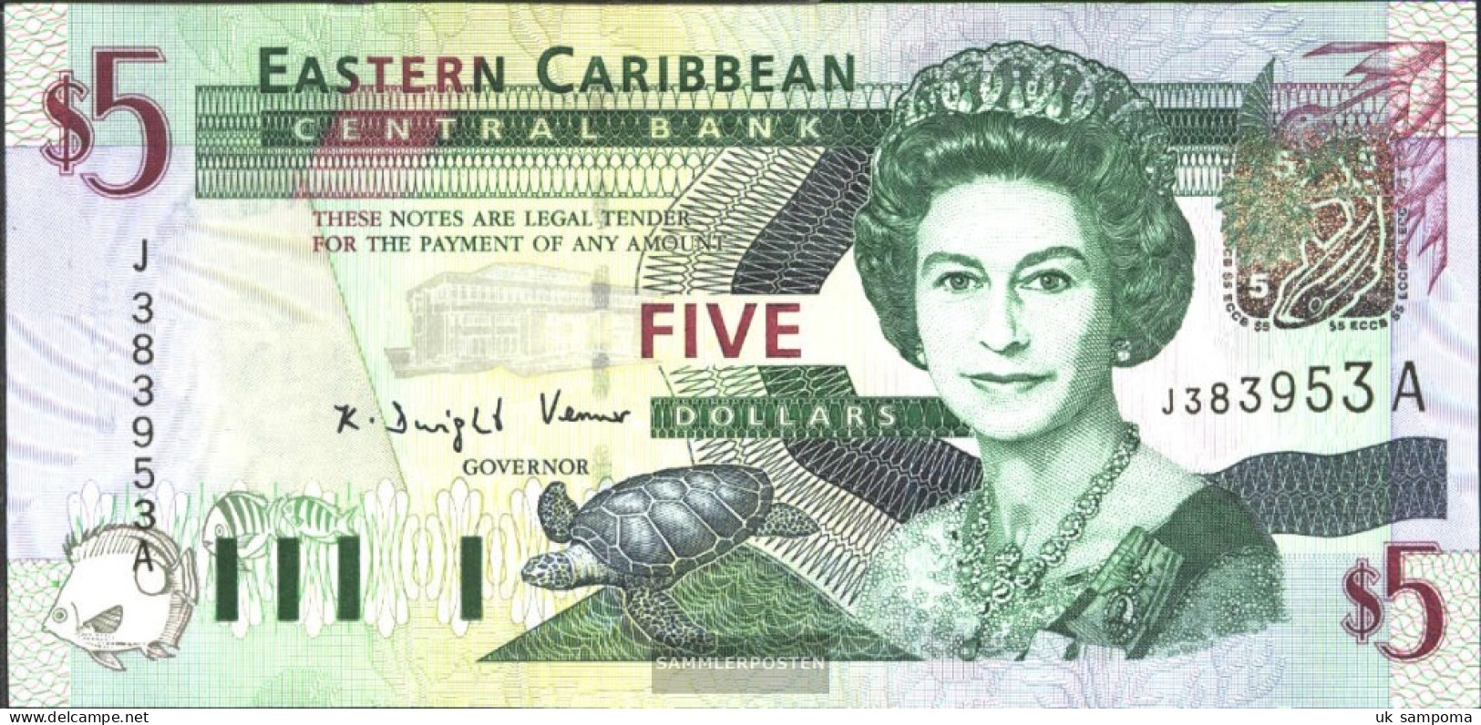 United Caribbean States Pick-number: 42a, Suffix Letter A Uncirculated 2003 5 Dollars - East Carribeans