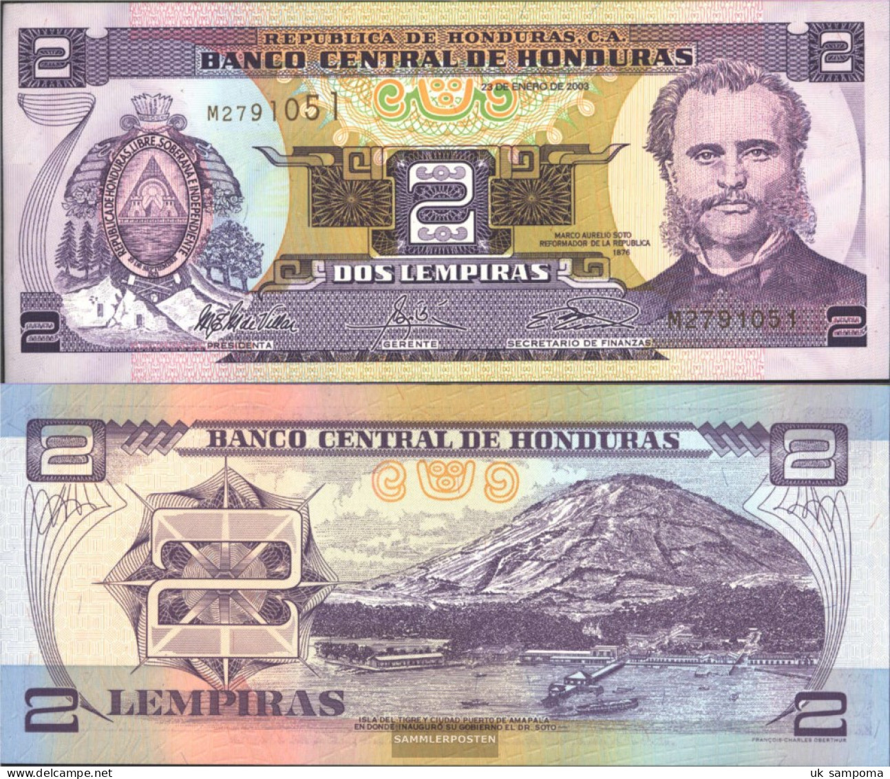 Honduras Pick-number: 80A D Uncirculated 2003 2 Lempiras - Honduras