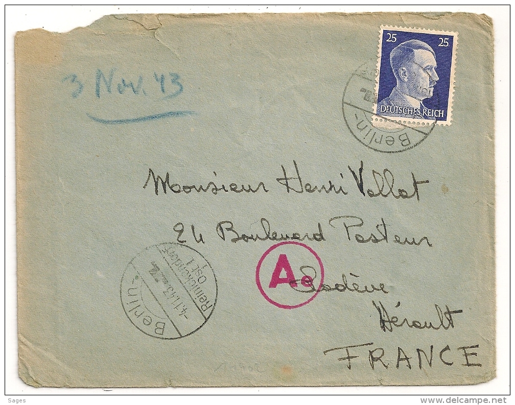 BERLIN REINICKENDORF OST 1,  Ae  + 221 Pour Montpellier France. 1943 - Lettres & Documents