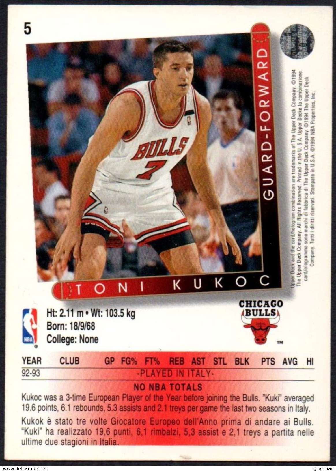 BASKETBALL - UPPER DECK CARD 1994 - TONI KUKOC - CHICAGO BULLS - Altri & Non Classificati