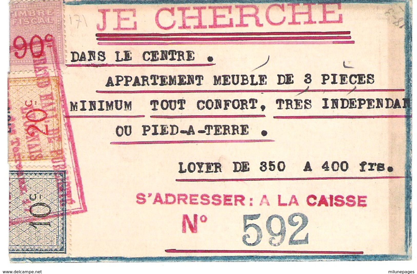 Carton Petites Annonces Grand Hall De Publicité Lyon Timbres Fiscaux Affiches Rare Utilisation - Other & Unclassified