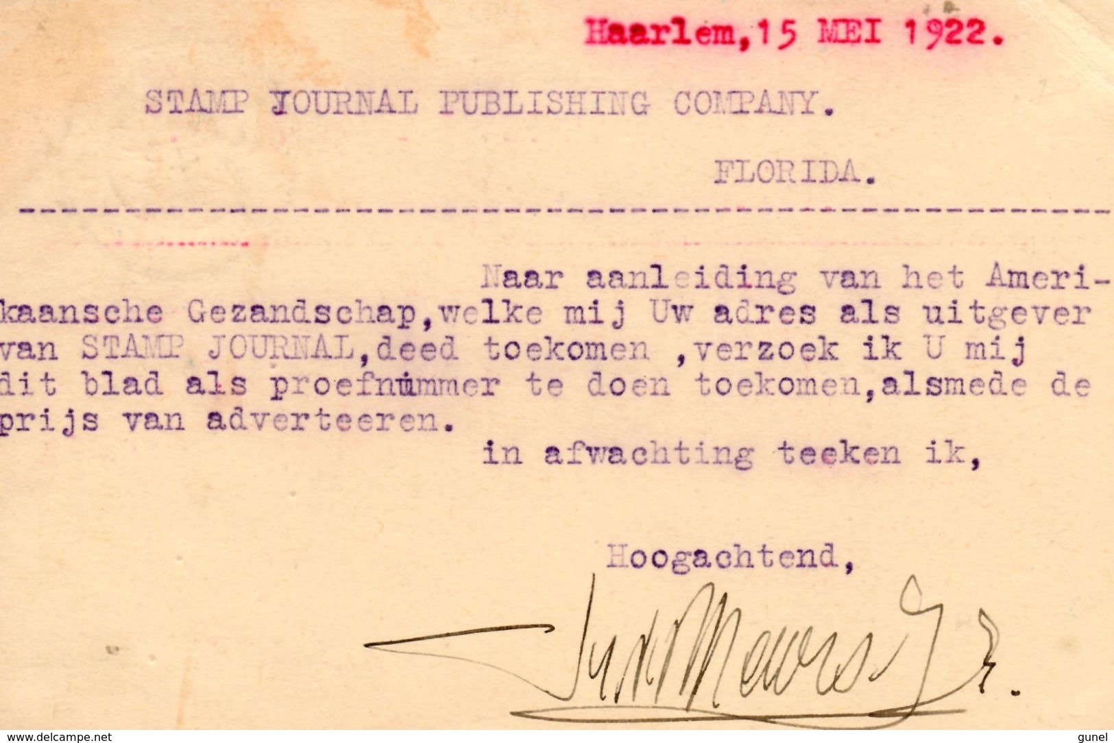 15.V.1922 Kortebalk Haarlem Op Firmabk Naar Florida New York - Briefe U. Dokumente