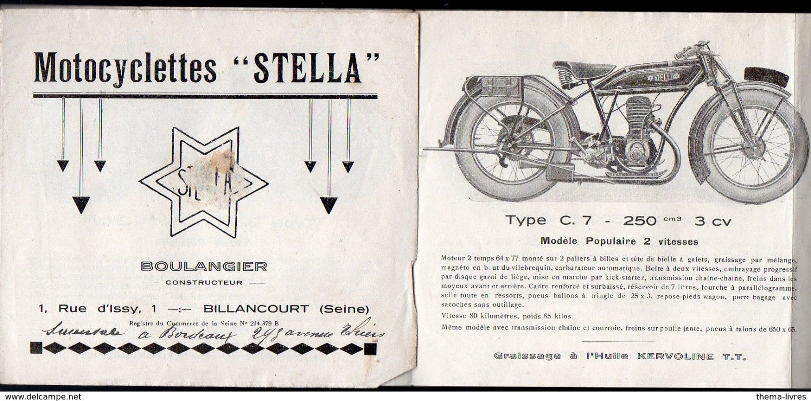 (moto) Billancourt Dépliant Motocyclettes STELLA  (années 30) (PPP6461) - Publicités