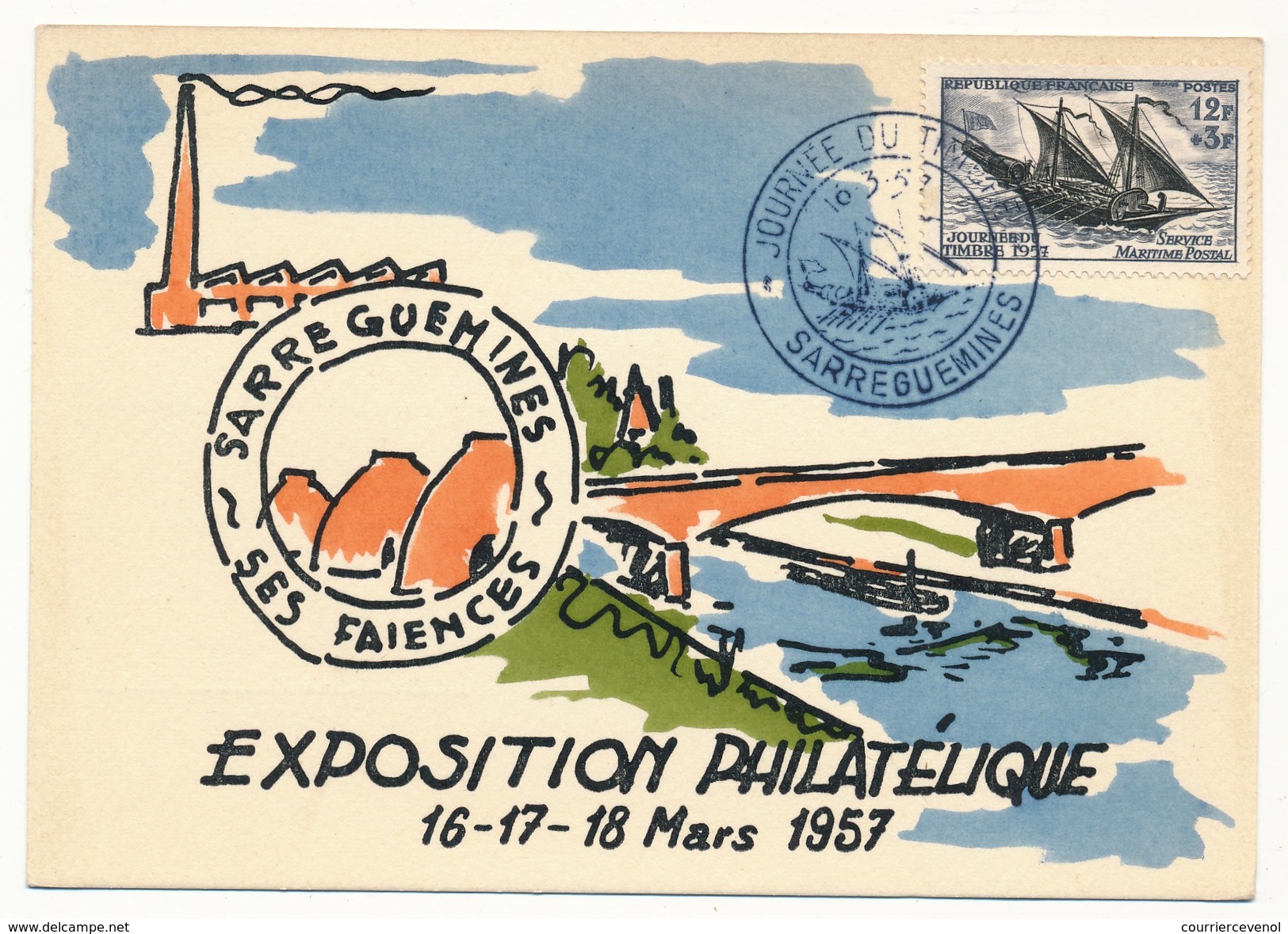 FRANCE - Carte Postale Expo Philatélique SARREGUEMINES - Journée Du Timbre 1957 - Service Maritime Postal - Dag Van De Postzegel