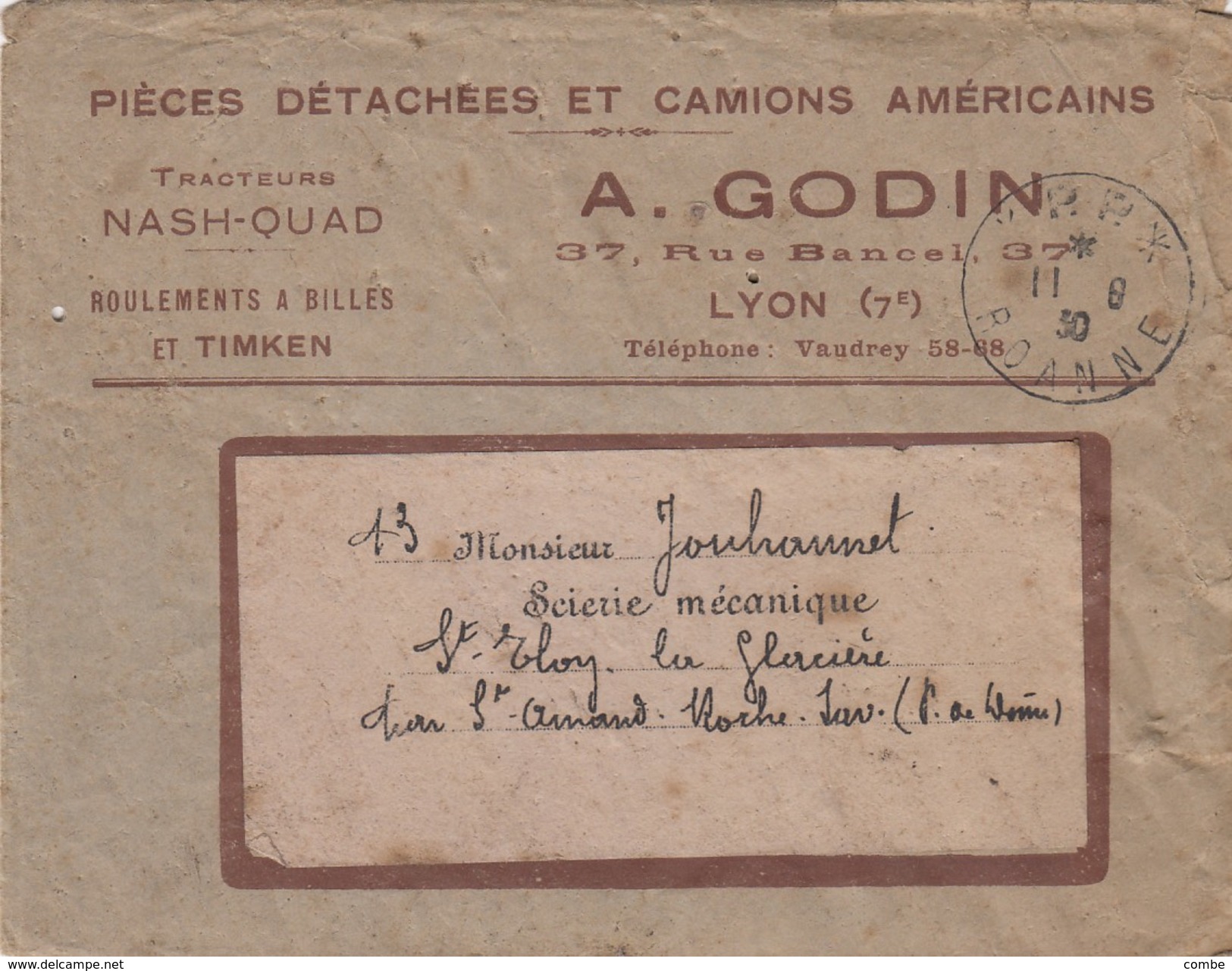 LETTRE PUBLICITE. 11.8.1930. A.GODIN LYON. CAMIONS AUTOMOBILES. LIQUIDATION DU CAMPDE VERNEUIL TRACTEURS NASH-QUAD - 1921-1960: Moderne